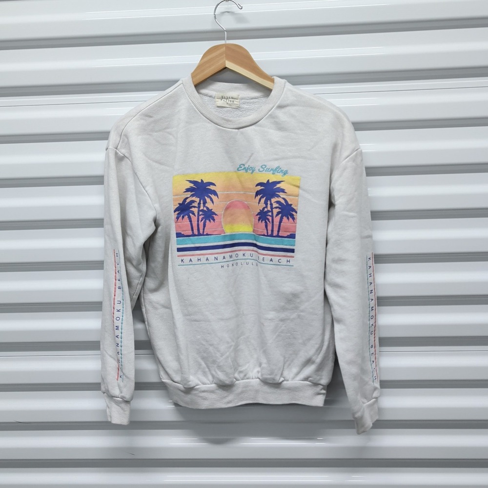 Urban Nation Kahanamoku Beach Small Women White Honolulu Hawaii Graphic Pullover